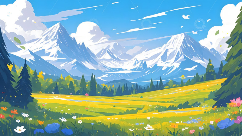 高清大图下载【趣麦麦图】户外冰山草地野花蓝天白云自然风景插图