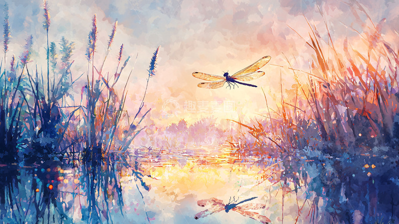 高清大图下载【趣麦麦图】水彩画蜻蜓夕阳