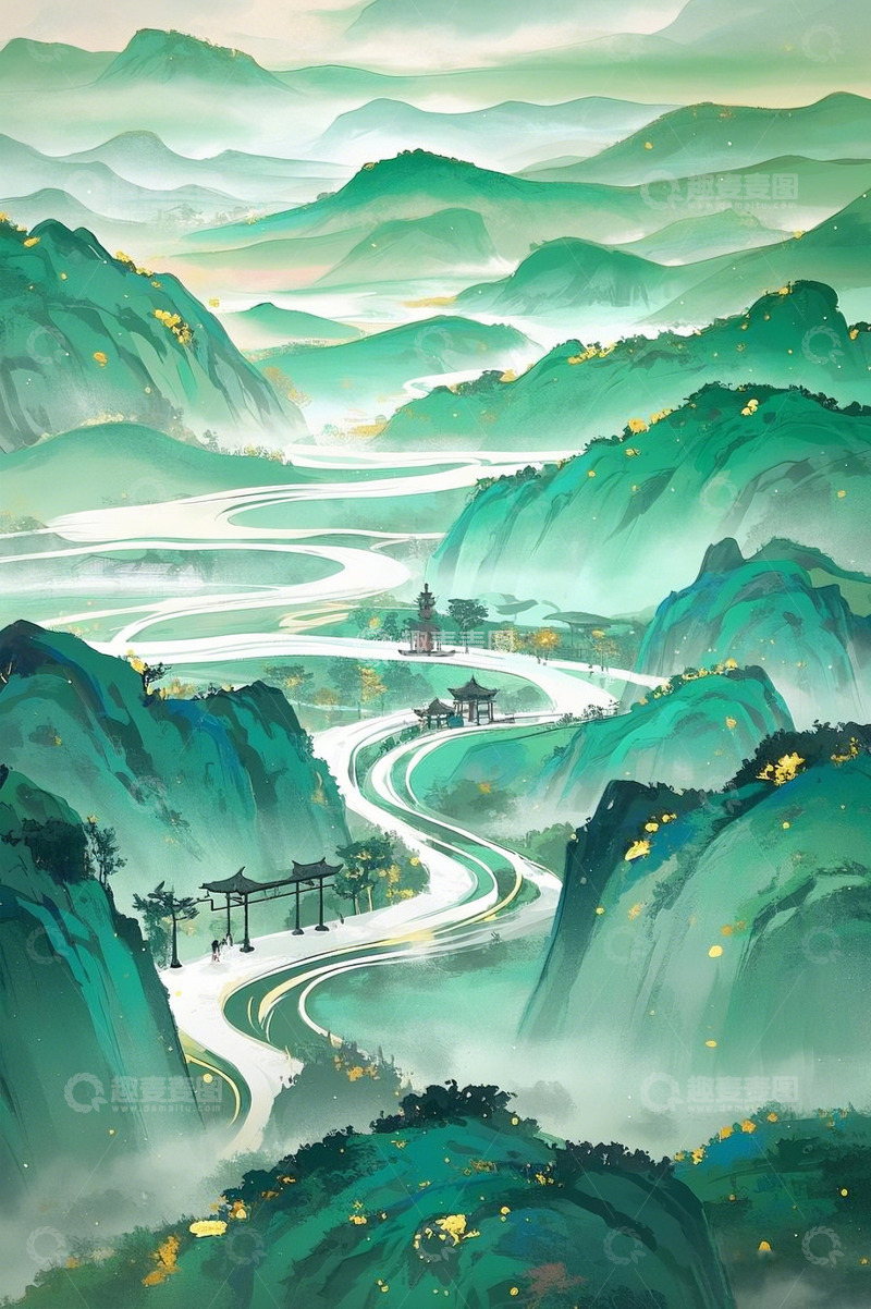高清大图下载【趣麦麦图】-点彩水墨国风山水2