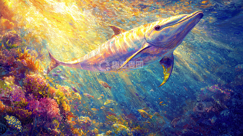 高清大图下载【趣麦麦图】阳光下的海豚与珊瑚礁