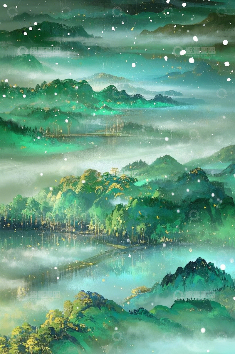 高清大图下载【趣麦麦图】点彩水墨国风山水7