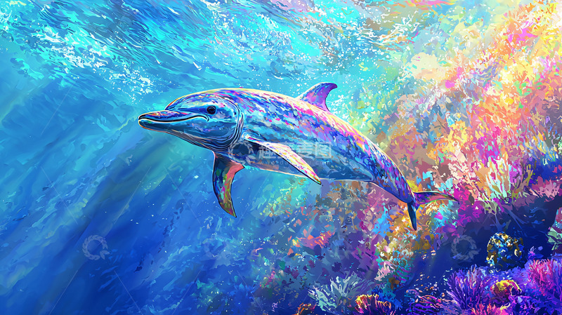 高清大图下载【趣麦麦图】海豚在珊瑚礁中嬉戏