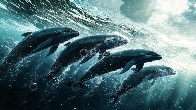 高清大图下载【趣麦麦图】深海里一群黑色海豚