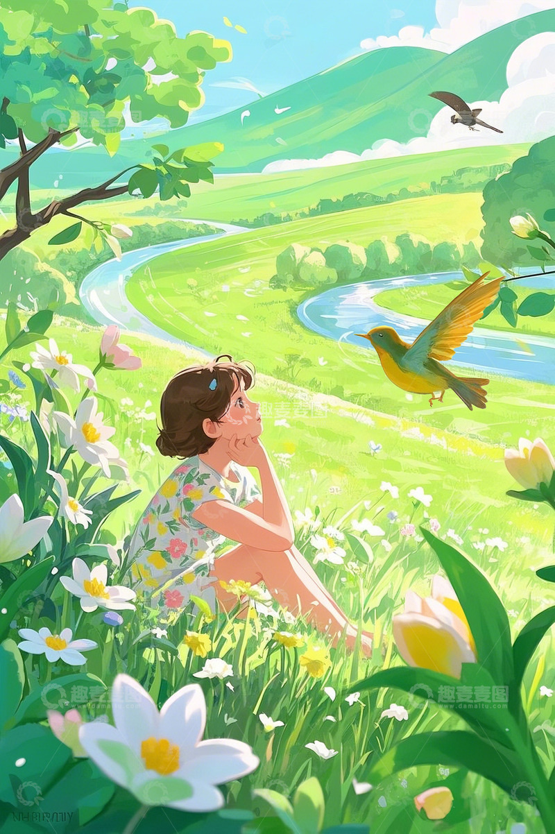 春天小女孩手绘风插画10