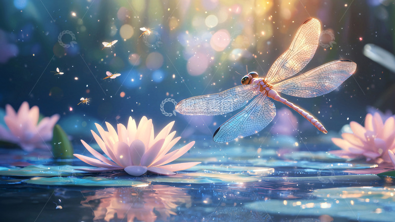高清大图下载【趣麦麦图】梦幻蜻蜓飞过睡莲