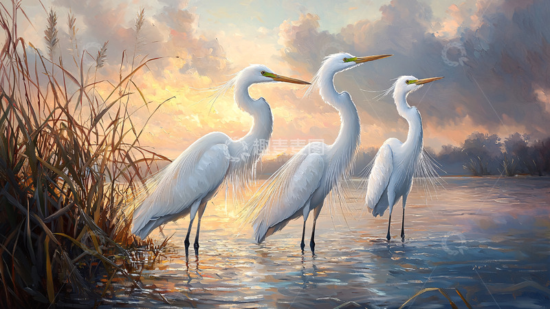 高清大图下载【趣麦麦图】日落时分三只白鹭