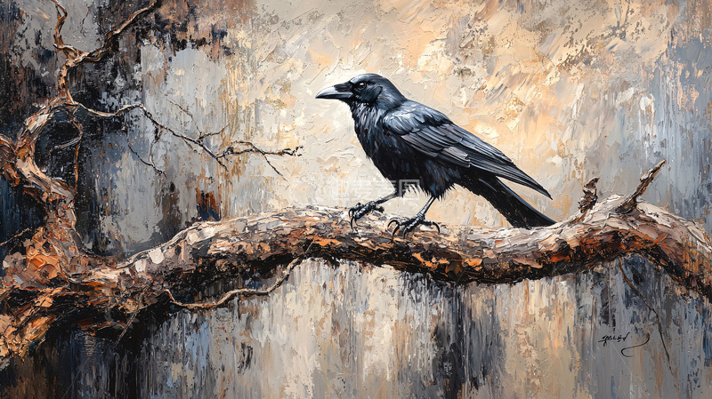 高清大图下载【趣麦麦图】乌鸦树枝上油画
