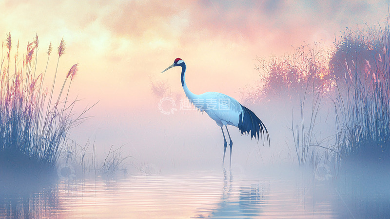 高清大图下载【趣麦麦图】清晨雾气中一只丹顶鹤
