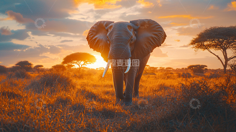 高清大图下载【趣麦麦图】日落非洲大草原上的大象