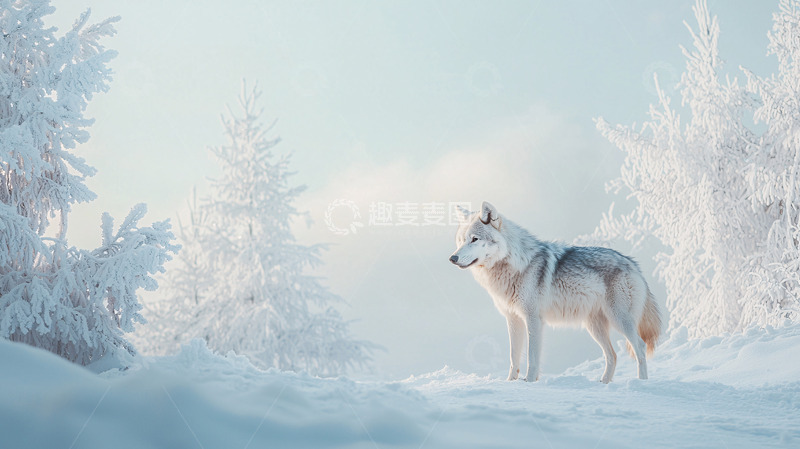 高清大图下载【趣麦麦图】雪地里的白色狼