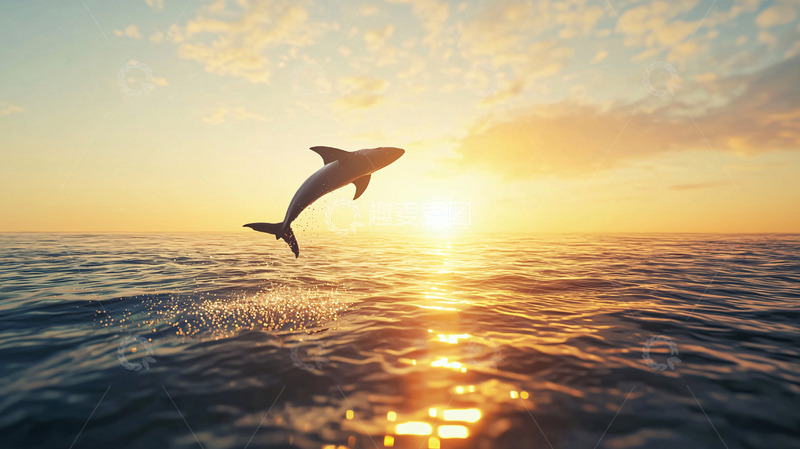 高清大图下载【趣麦麦图】日落时跃出水面的鲨鱼