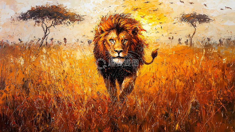高清大图下载【趣麦麦图】草原雄狮夕阳背景