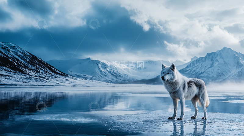 高清大图下载【趣麦麦图】冰湖雪山孤狼