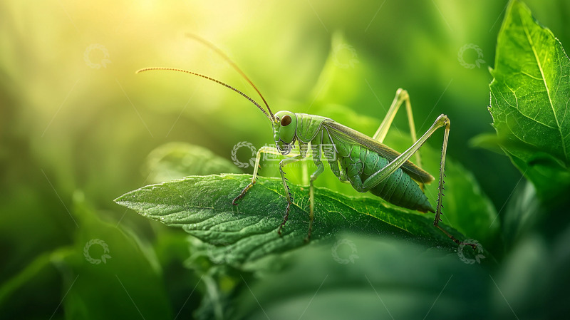 高清大图下载【趣麦麦图】绿叶上的一只绿色蚱蜢