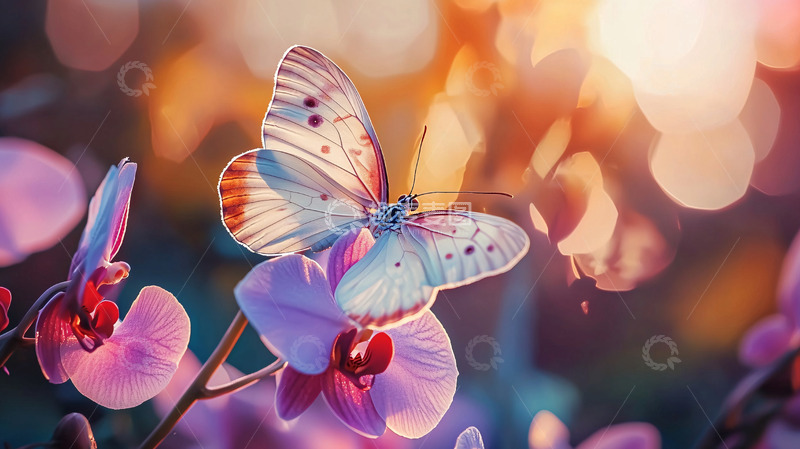 高清大图下载【趣麦麦图】阳光下蝴蝶停在兰花上