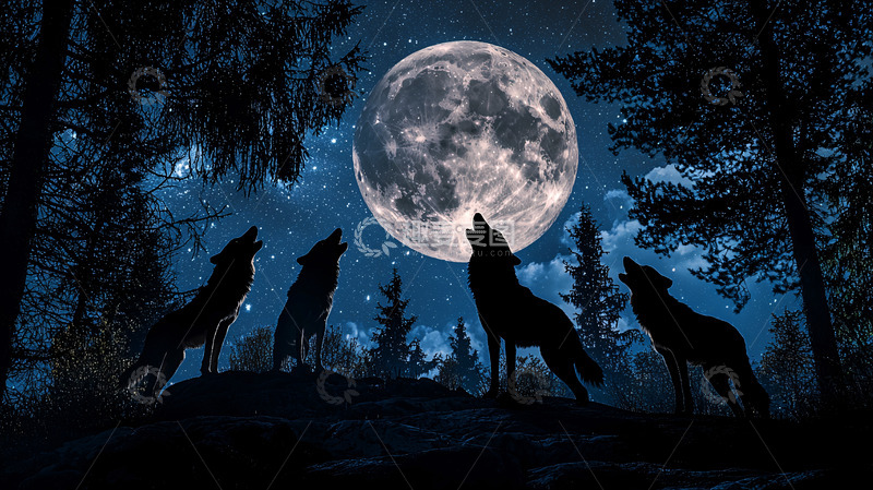 高清大图下载【趣麦麦图】月光下的狼群嚎叫