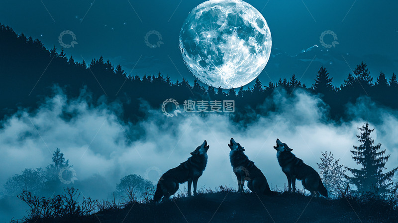高清大图下载【趣麦麦图】月光下的狼群嚎叫