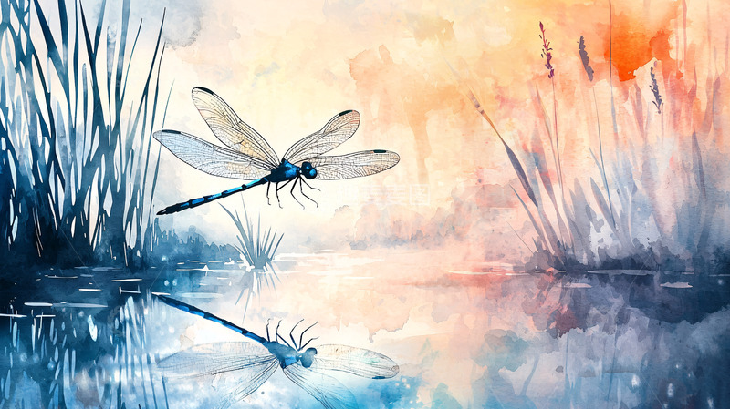 高清大图下载【趣麦麦图】水彩蜻蜓水边景色