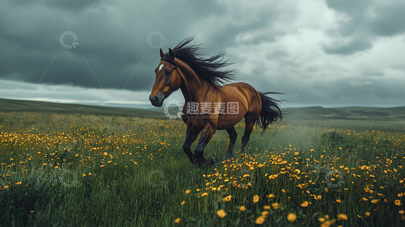 高清大图下载【趣麦麦图】奔腾的棕马高清图片