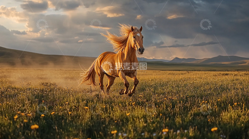 高清大图下载【趣麦麦图】奔腾的金色骏马草原夕阳