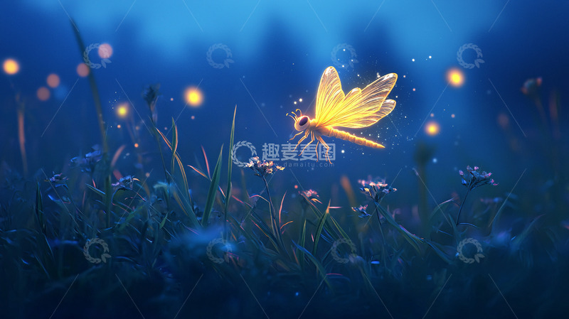 高清大图下载【趣麦麦图】夜间萤火虫蜻蜓梦幻图