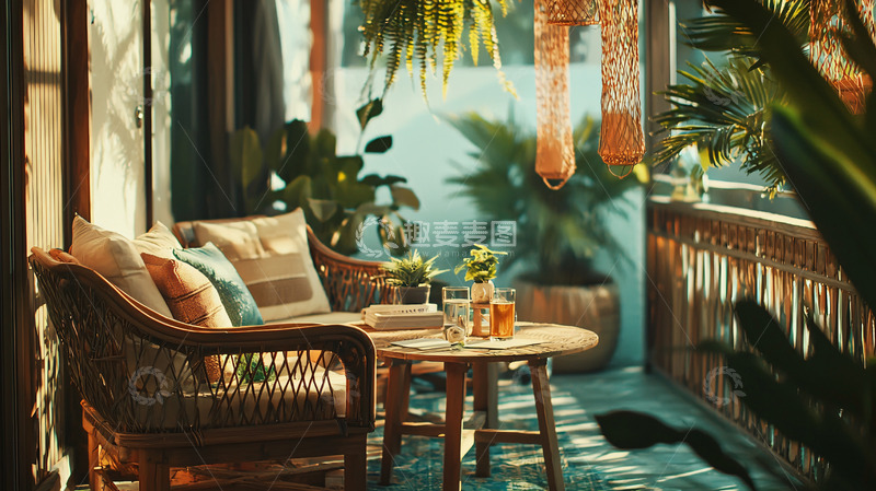 高清大图下载【趣麦麦图】阳光洒满阳台藤椅