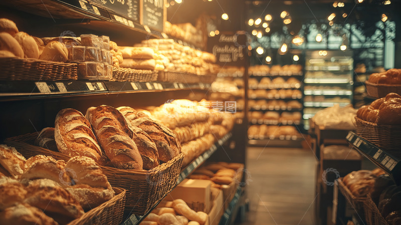 高清大图下载【趣麦麦图】温暖灯光下的面包店货架