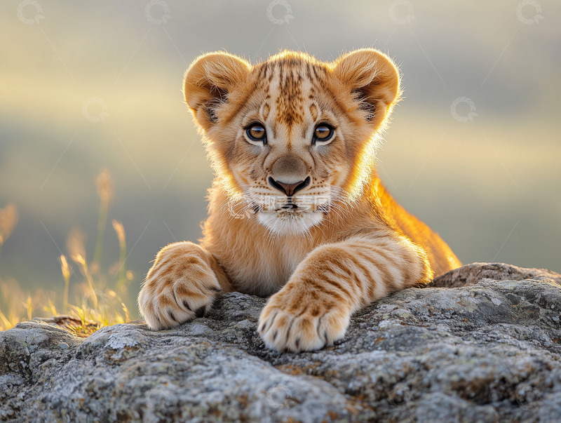 高清大图下载【趣麦麦图】岩石上小狮子趴卧姿态摄影