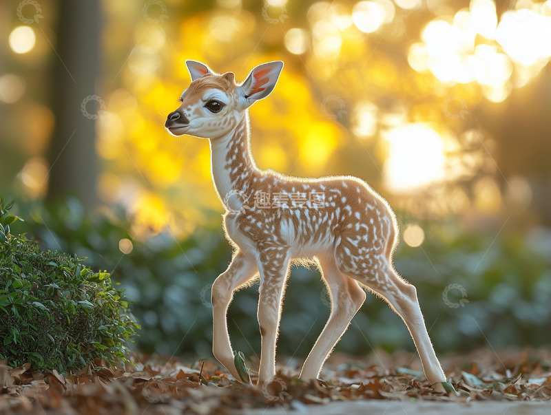 高清大图下载【趣麦麦图】阳光照射下斑点小鹿漫步摄影