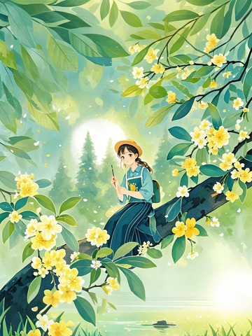 春日假期旅行森系女孩水彩风插画素材