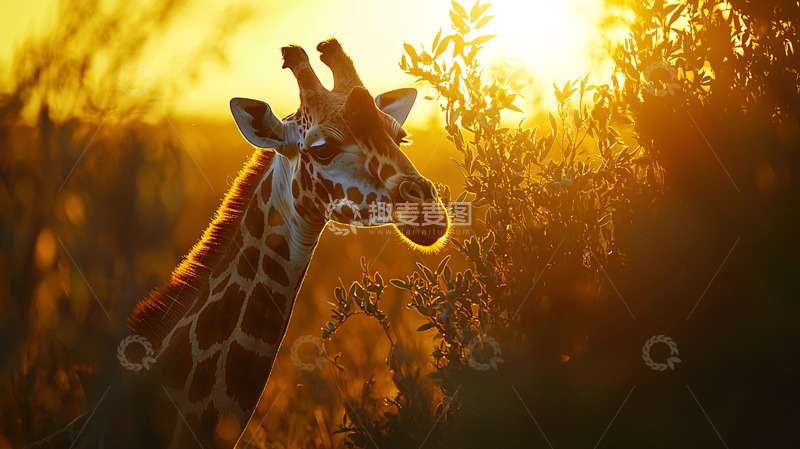 高清大图下载【趣麦麦图】夕阳下长颈鹿的剪影