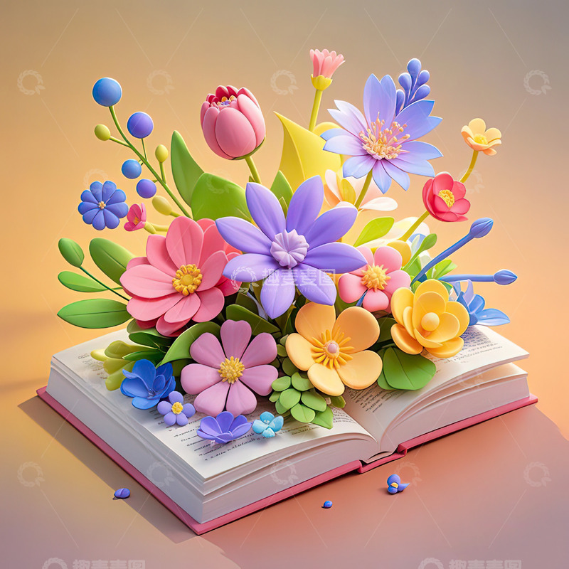 摊开的书籍上开出鲜花读书日素材10