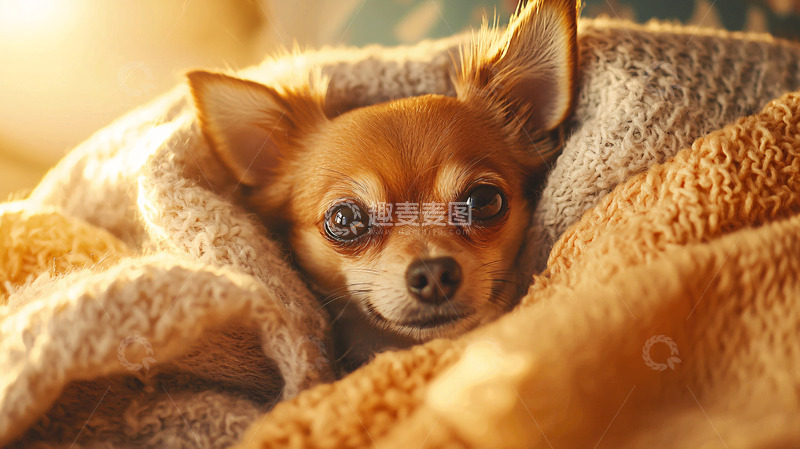 高清大图下载【趣麦麦图】可爱吉娃娃裹着毛毯