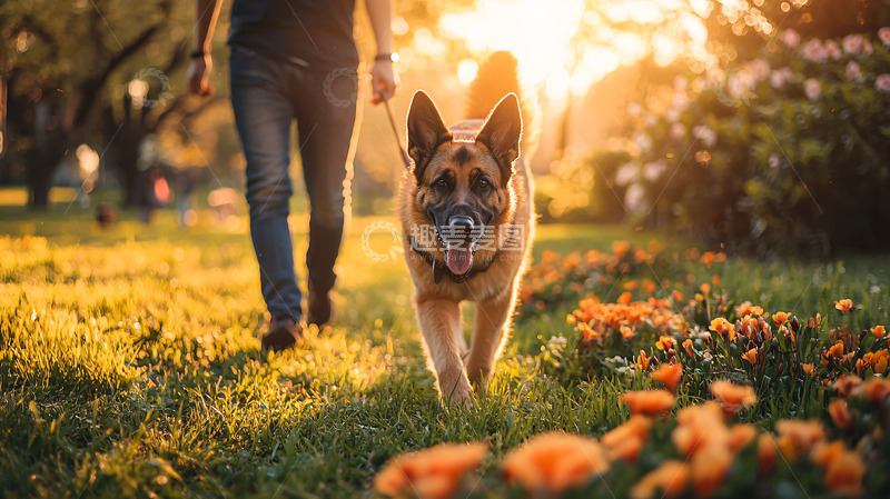 高清大图下载【趣麦麦图】夕阳下遛狗的德国牧羊犬