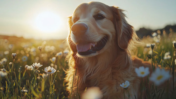金毛犬夕阳花海