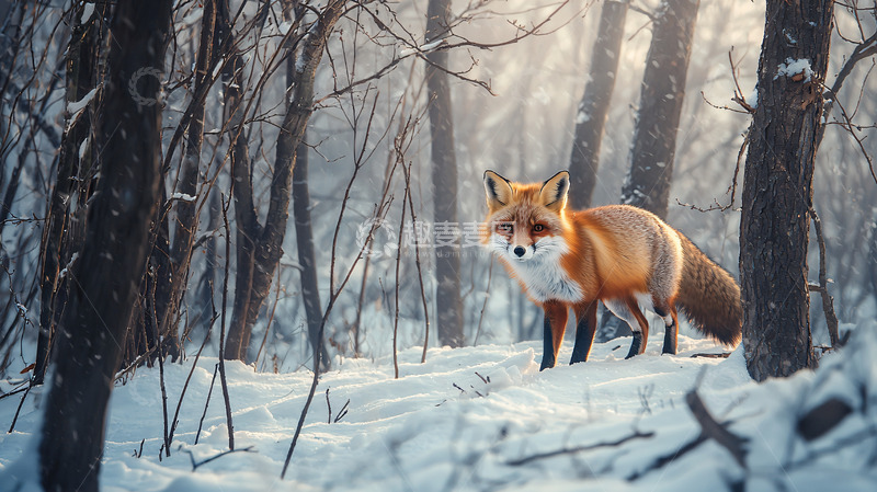 高清大图下载【趣麦麦图】冬日森林里一只红狐