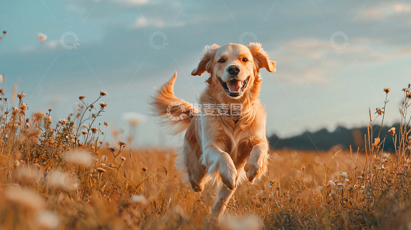 高清大图下载【趣麦麦图】金毛犬奔跑田野