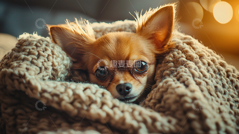 高清大图下载【趣麦麦图】毛茸茸的小吉娃娃裹着毛毯