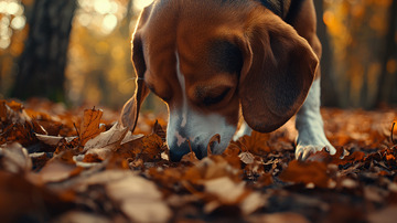 秋日森林里寻觅的猎犬