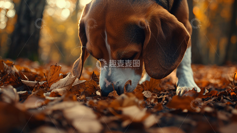 高清大图下载【趣麦麦图】秋日森林里寻觅的猎犬