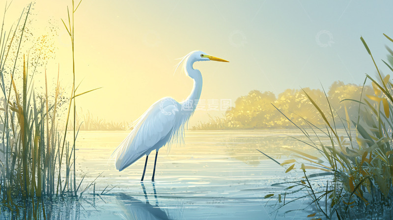 高清大图下载【趣麦麦图】清晨白鹭湿地风景