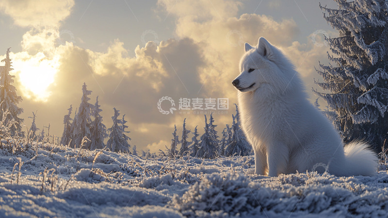 高清大图下载【趣麦麦图】雪地里一只萨摩耶犬