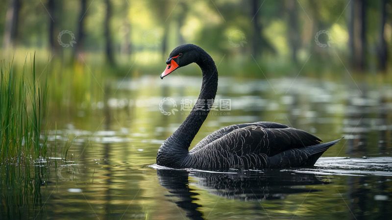 高清大图下载【趣麦麦图】黑天鹅在水中优雅地游动