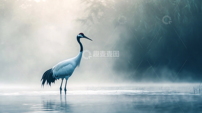 高清大图下载【趣麦麦图】雾中丹顶鹤高清图片
