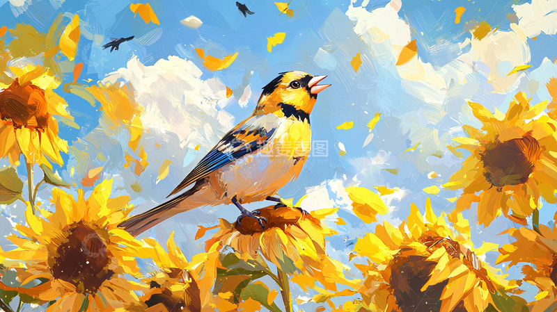 高清大图下载【趣麦麦图】向日葵田里唱歌的小鸟