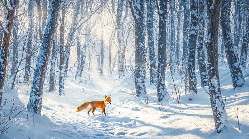 高清大图下载【趣麦麦图】冬日森林里一只狐狸