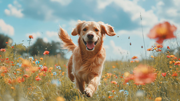 金毛犬奔跑花海