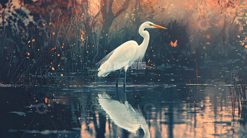 高清大图下载【趣麦麦图】白鹭倒影湿地风景
