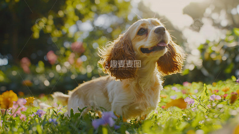 高清大图下载【趣麦麦图】阳光下的小狗在花丛中