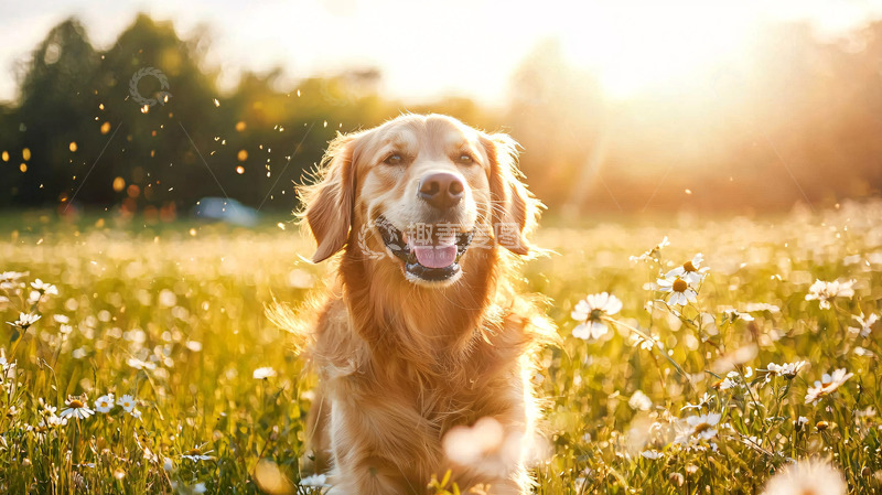 高清大图下载【趣麦麦图】阳光下金毛犬在花田